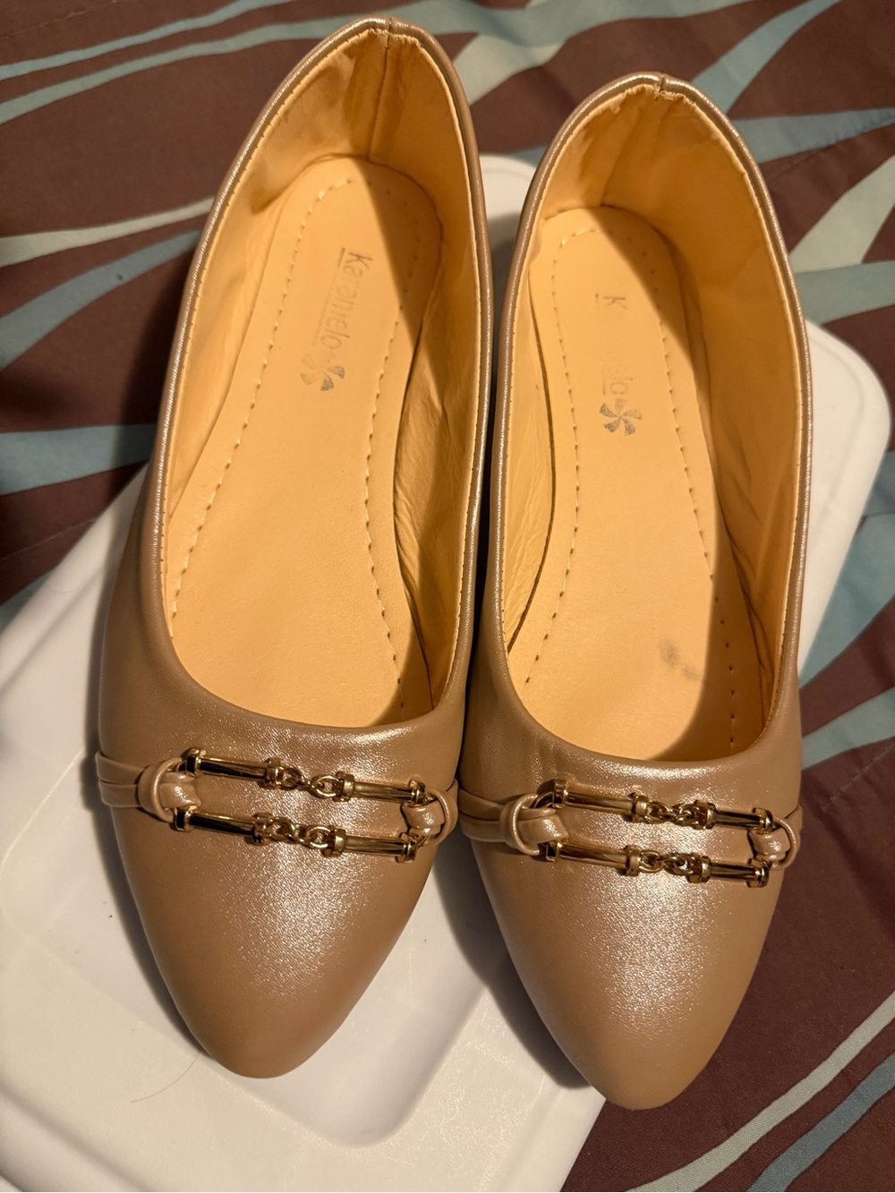 Kensie Women's Taupe Pointed Toe Flats with Gold Chain Accent